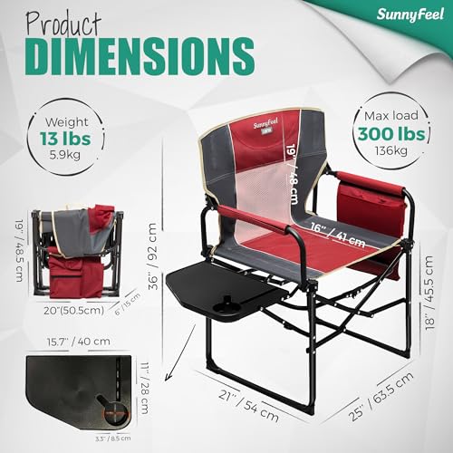 SUNNYFEEL Oversized Camping Directors Chair 2 Pack, Portable Folding Lawn Chairs for Adults Heavy Duty with Side Table,Pocket for Beach, Fishing