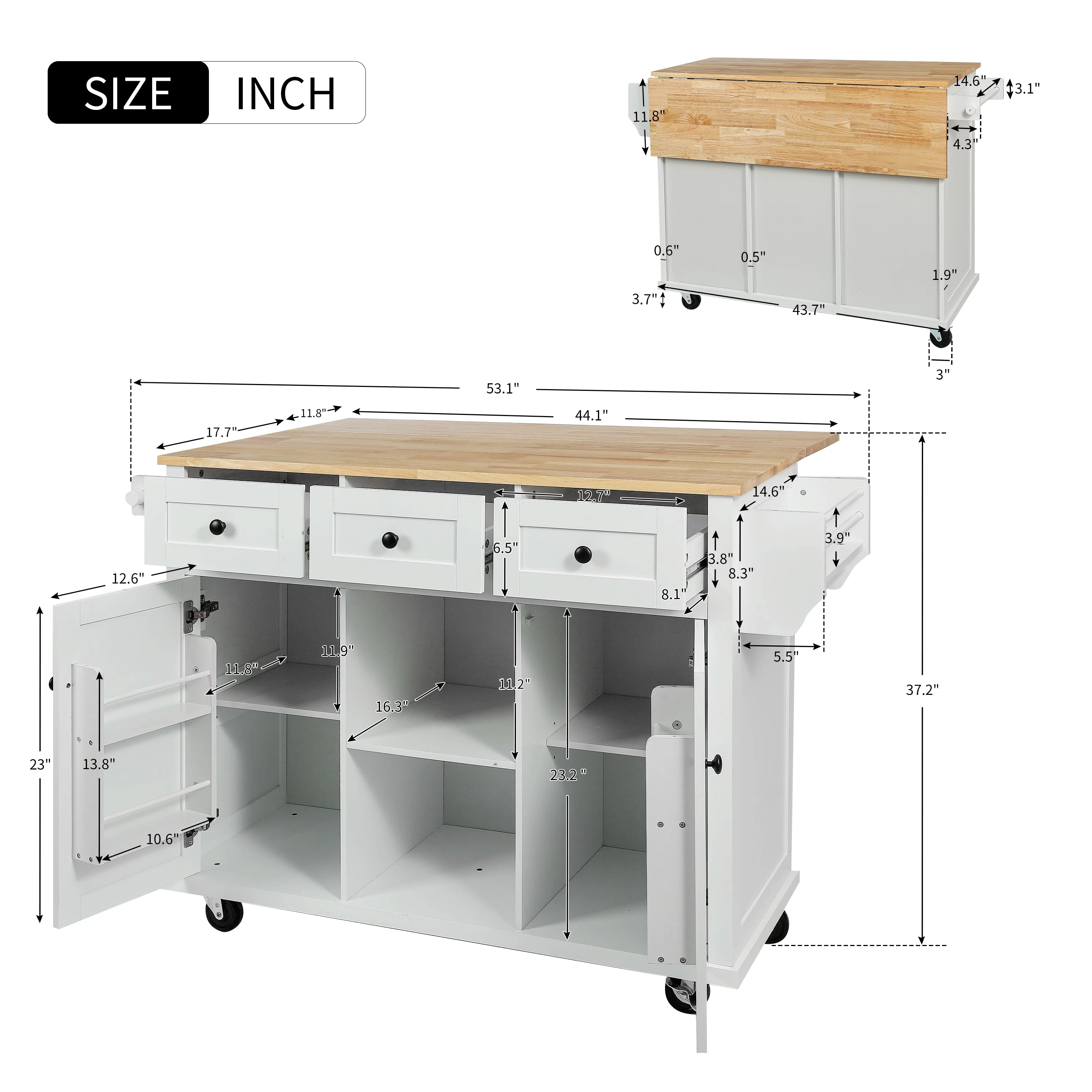 EUROCO 53.1" Kitchen Islands with Storage, Kitchen Island Cart with Rubber Wood Drop Leaf,Cabinet door internal storage racks,5 Wheels,3 Drawers,White