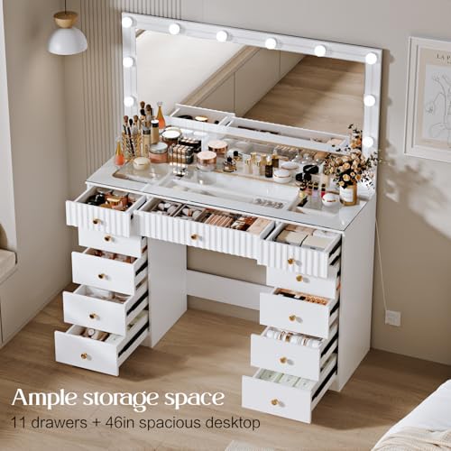 43" Makeup Vanity Desk with Mirror and Lights, & Power Outl, Glass Top Big Vanity Table with 9 Drawers& 8 Storage Shelves