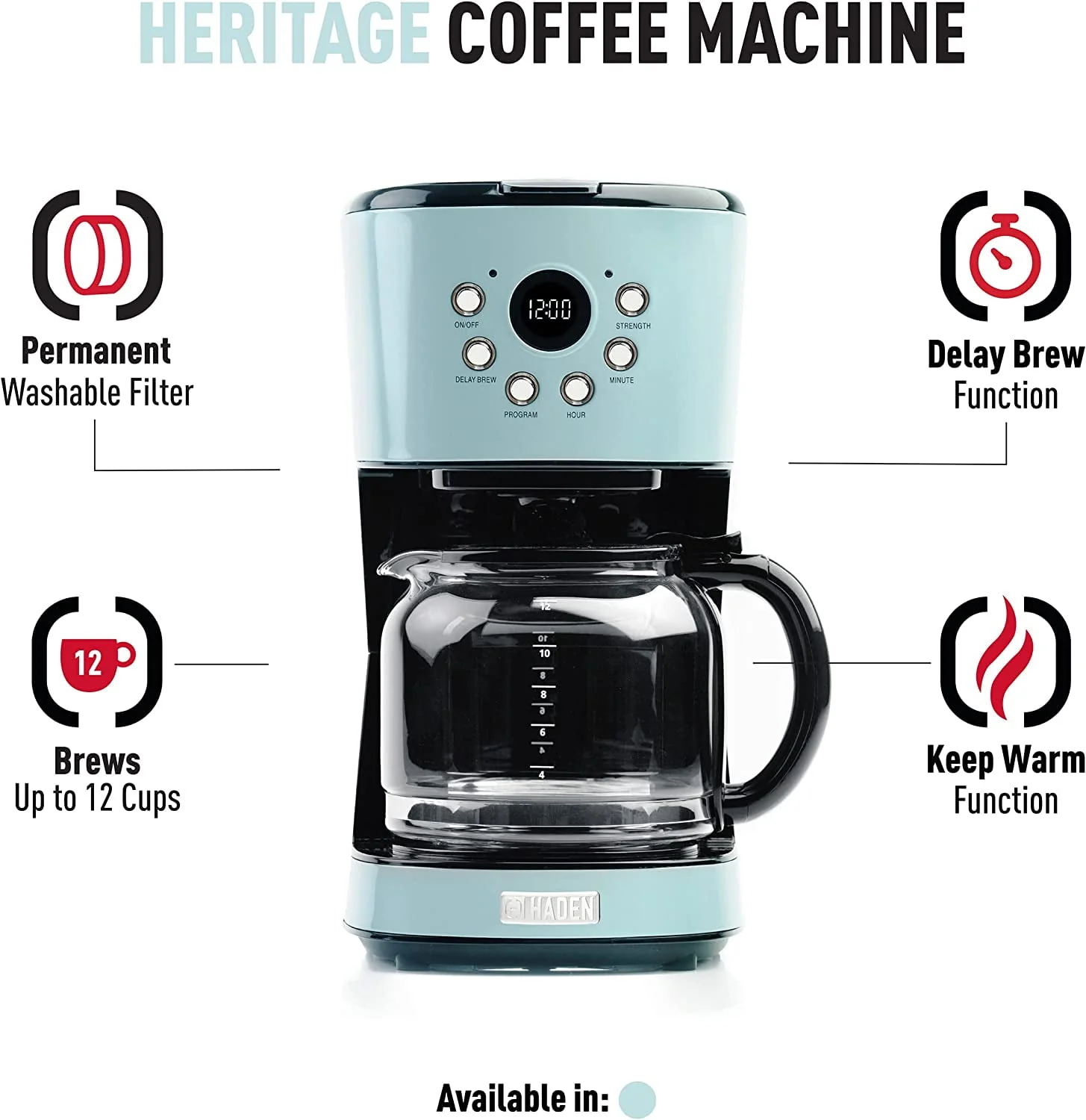 HADEN 75032 Heritage Innovative 12 Cup Capacity Programmable Vintage Retro Home Countertop Coffee Maker Machine with Glass Carafe  Turquoise Blue
