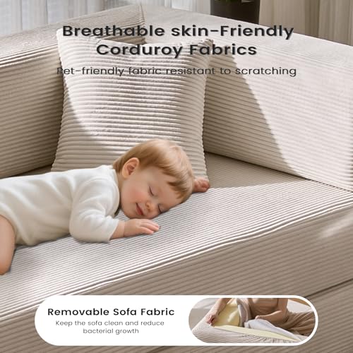 Convertible Sleeper Sofa Bed No Assembly Corduroy Upholstered Green Modular Floor Couch Queen/King Size Foldable Futon with Memory Foam for Apartment