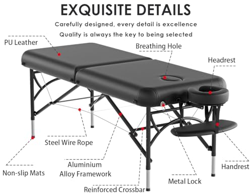 CLORIS 84" Professional Massage Table Portable 2 Folding Lightweight Facial Solon Spa Tattoo Bed Height Adjustable with Carrying Bag & Aluminium Leg