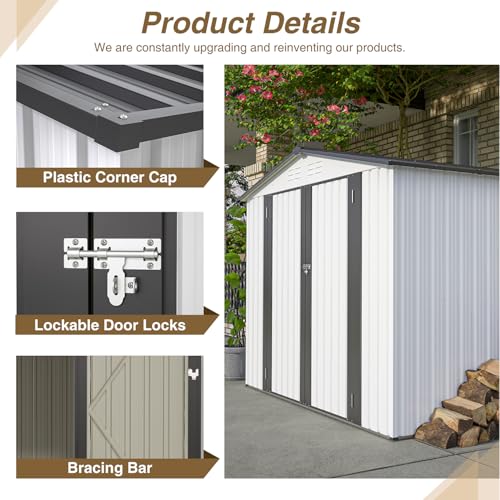 6x4 ft Small Outdoor Metal Storage Shed with Floor Frame & Lockable Door, Heightened Entry Garden Tool Shed for Backyard, Durable Galvanized Steel