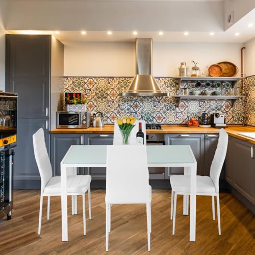 FDW | 5-Piece Dining Table Set | Glass Kitchen Table with 4 Upholstered Chairs | Space-Saving Design | Faux Leather Cushions | Modern Rectangular