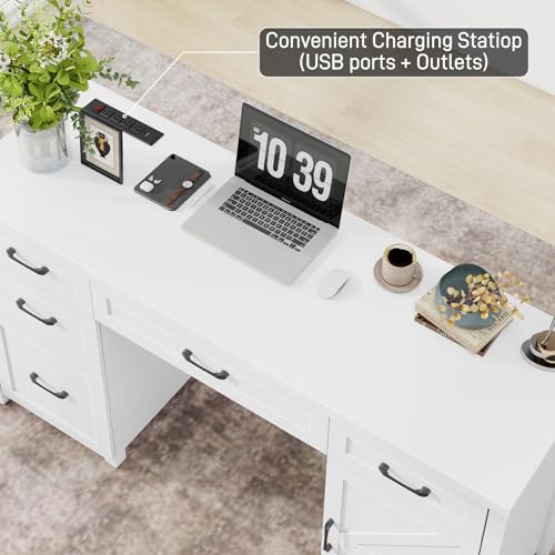 Farmhouse 61'' Executive Desk with 5 Drawers, Rustic Office Desk Computer Desk with Charging Station, File Drawers and Storage Cabinet