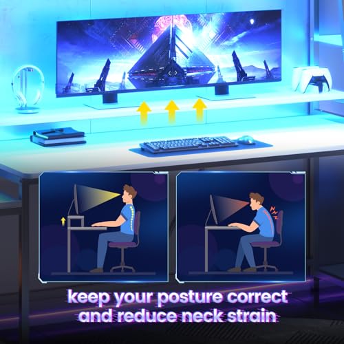 SEDETA Gaming Desk 78.8'' with LED Lights, Hutch and Storage Shelves, Computer Desk with Monitor Stand, Large PC Gamer Desk Workstation