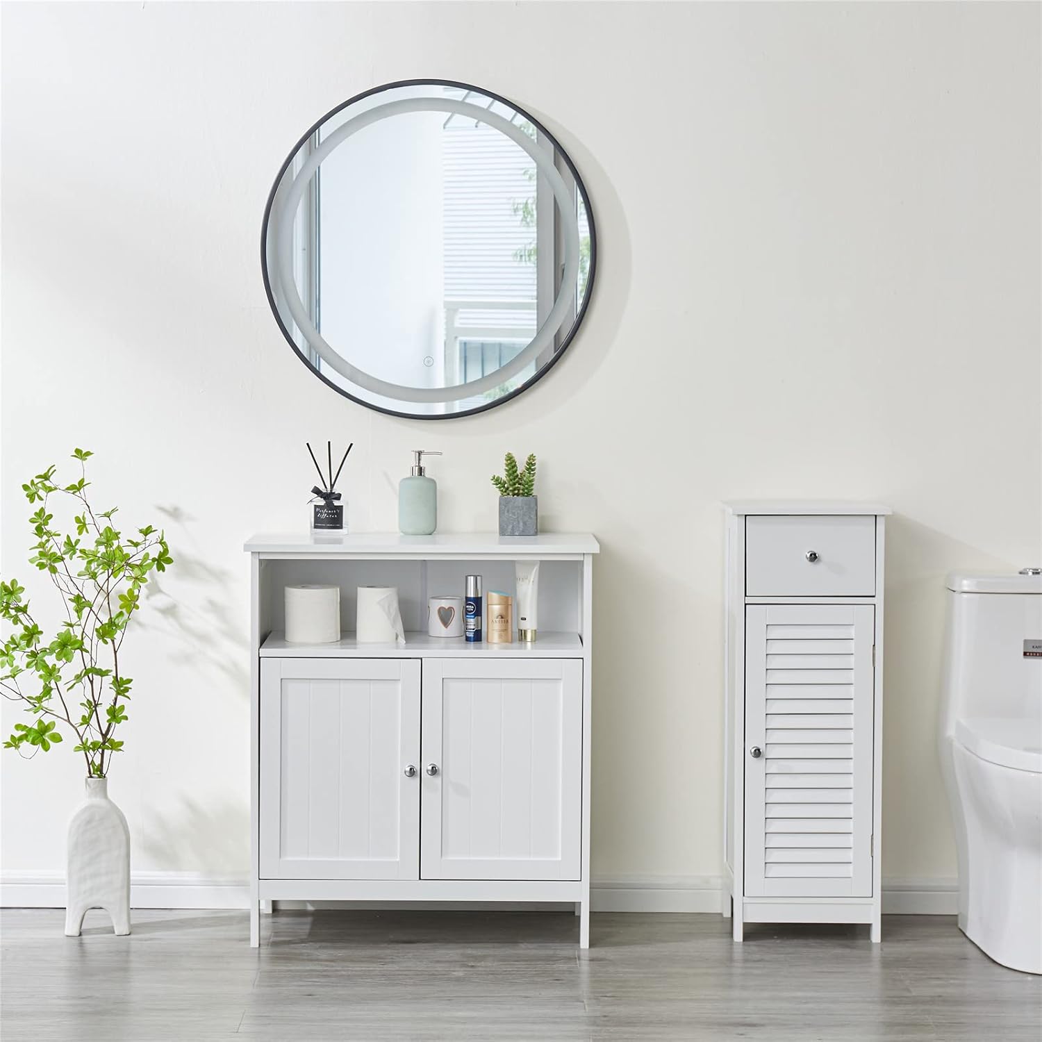 HoorLang Storage for Bathroom, Small Cabinets, Bathroom Table with Storage Cupboard Open Compartments, Easy Assembly White HLBC04W