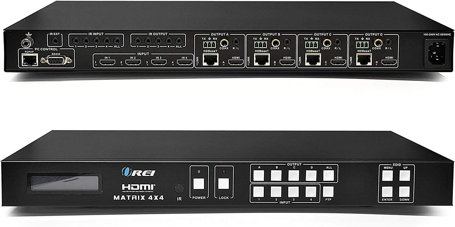 Professional 4K 4x4 HDMI Extender Matrix by OREI - HDBaseT UltraHD 4K @ 60Hz 4:2:0 Over Single CAT5e/6/7 Cable with HDR Switcher & IR Control