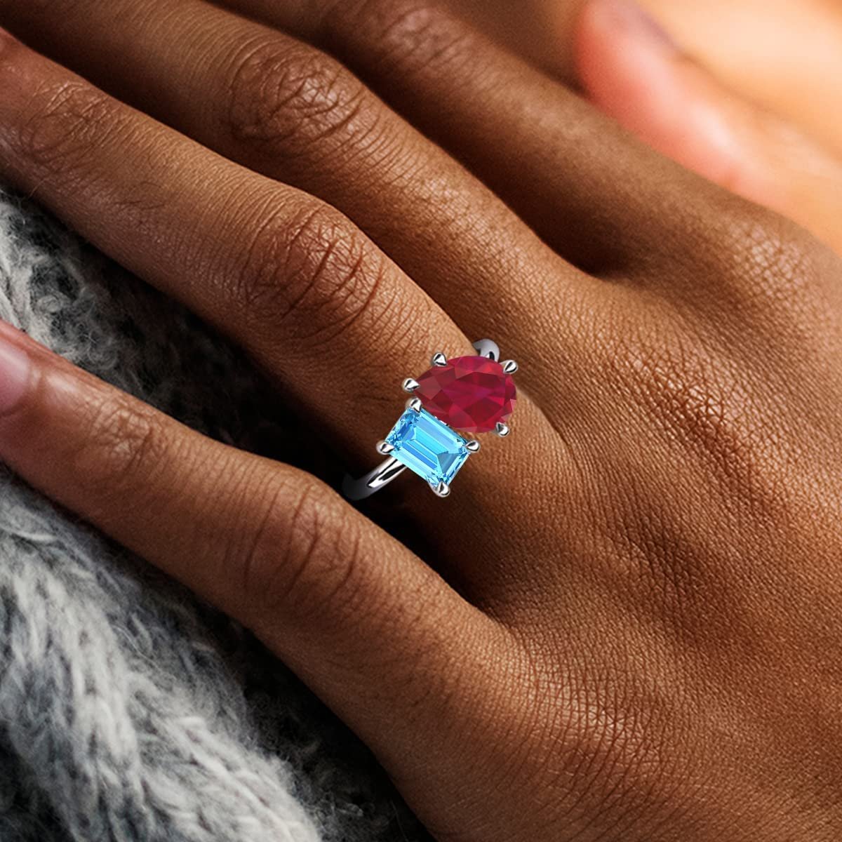 Pear Lab Created Ruby & Emerald Cut Blue Topaz 2 7/8 ctw Four Prong Women 2 Stone Duo Engagement Ring 14K Yellow Gold-8.0