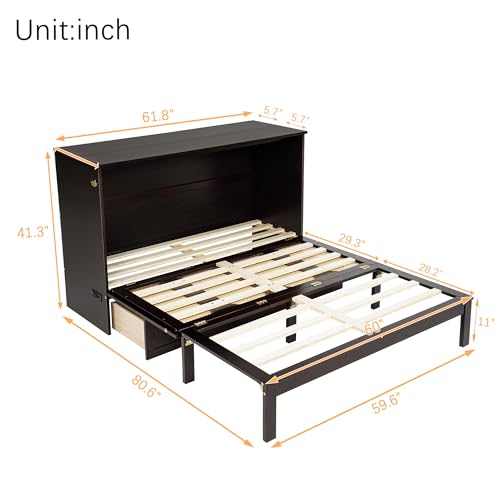 KEIKI Queen Murphy Bed Cabinet with Charging Station & Rattan Design – Space-Saving Wall Bed with Large Storage Drawer