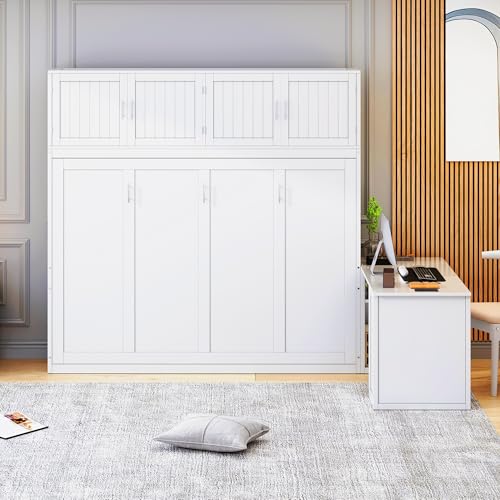 Queen Size Murphy Bed Wall Bed with Desk and Closet,Drawers and Shelves,for Small Spaces Studio Study Office Guest Room Use (Gray#Desk, Queen)