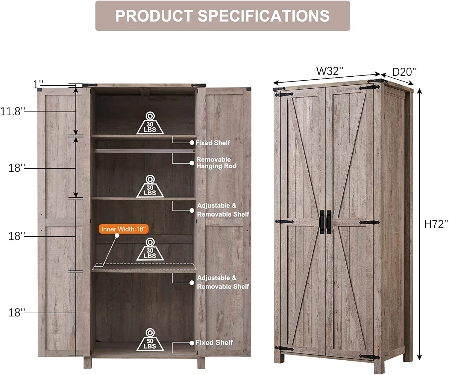 OKD Kitchen Pantry w/Barn Door Storage Cabinet w/Hanging Rod for Bathroom, Utility Room, Light Rustic Oak - Radiant Selections