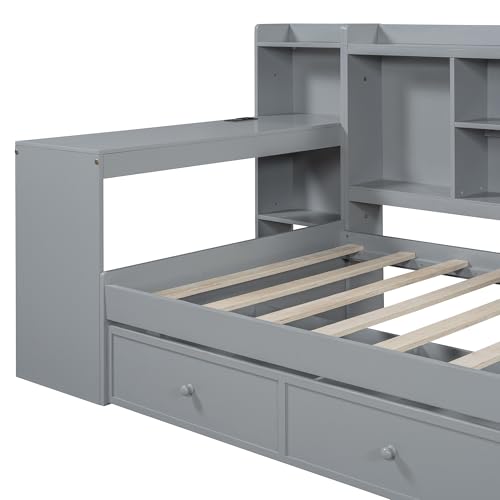 Bellemave Twin Corner Bed Frame with Storage Shelves and Desk, Wood Twin Size Daybed with Bookcase and Drawers and Storage, Gray