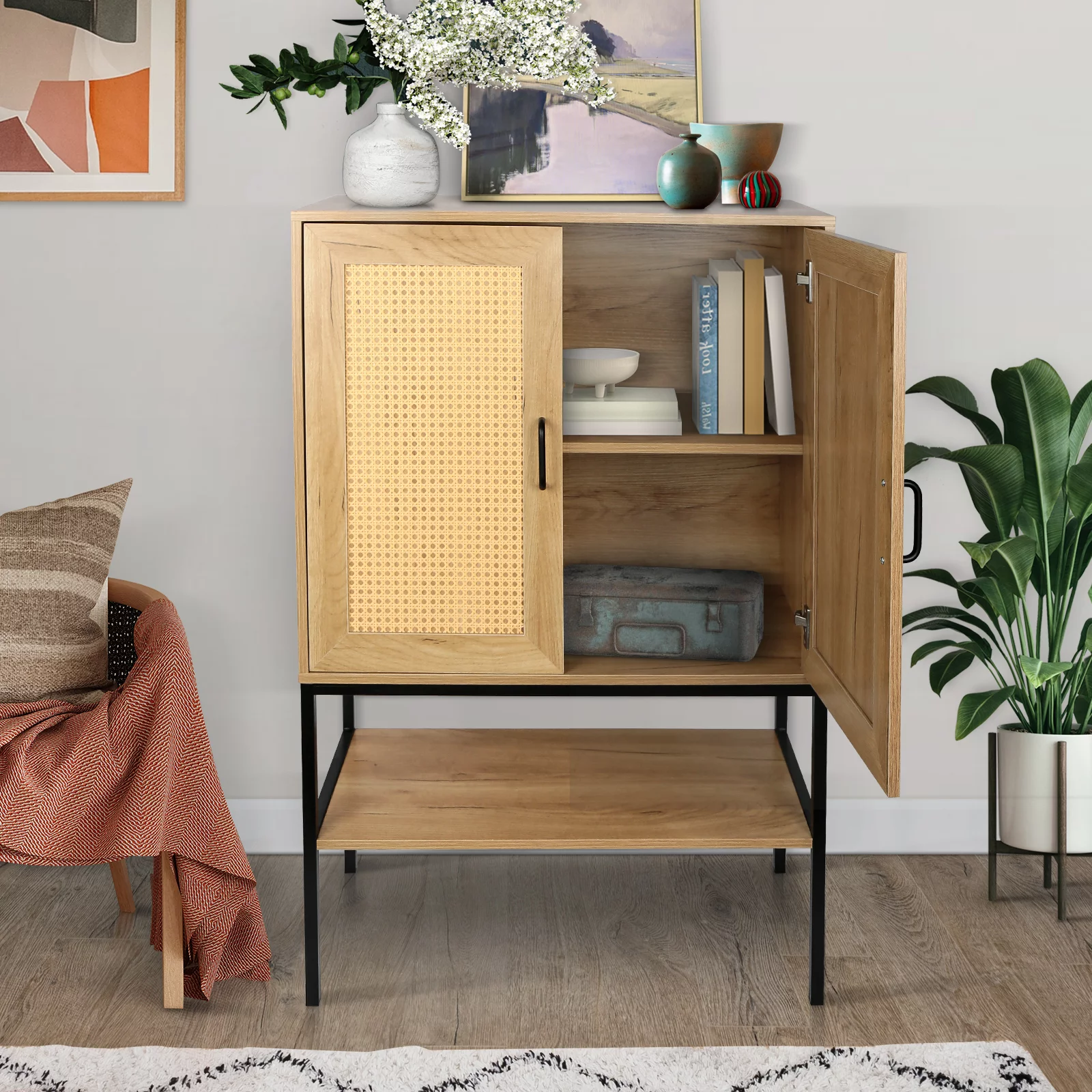 Dcenta Elegant Cabinet with 2 Rattan Doors Bedroom Living Room Kitchen Cupboard Wooden Furniture with Bottom Shelf Easy Assembly Natural Color