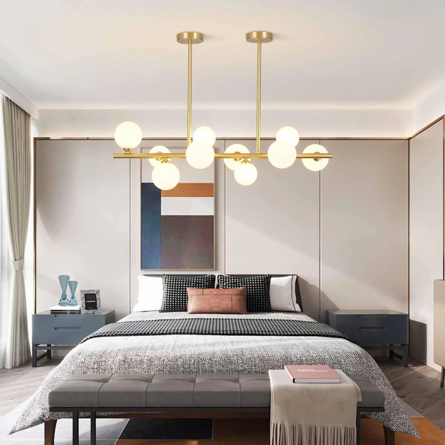 WANHUI Modern Gold Globe Sputnik Chandelier Mid Century Brass Linear Chandelier 10-Lights Frosted White Glass Ball Pendant Light Ceiling Lamp Dining