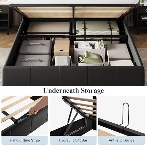 Allewie Queen Size Velvet Lift Up Storage Bed Frame, Vertical Channel Tufted Headboard, Hydrualic Underneath Storage, Upholstered Platform Bed
