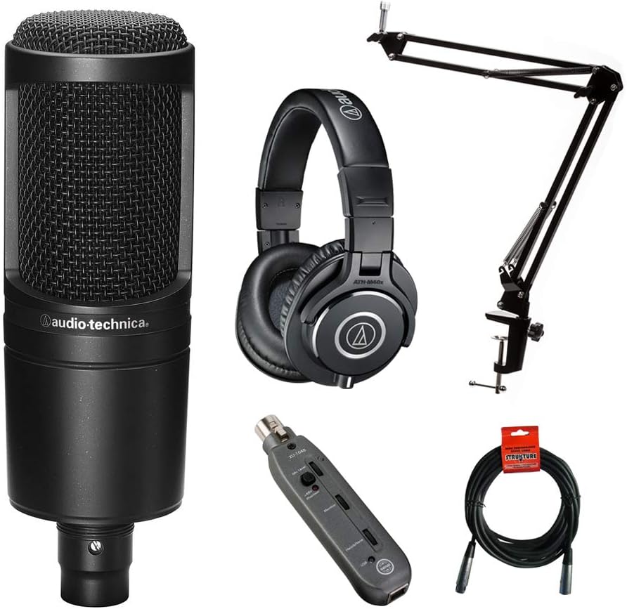 Audio-Technica AT2020 Studio Microphone Kit with Headphones, Boom, Cables, Pop Filter & XLR to USB Interface Bundle