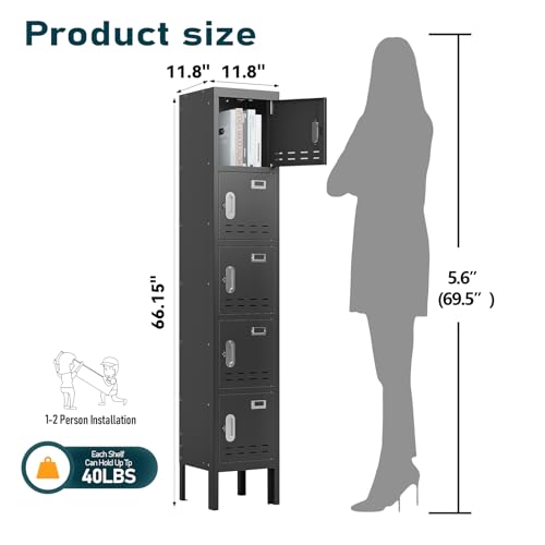 Metal Locker with 5 Doors,Lockers for Employees,66'' Steel Storage Locker for School,Gym, Office, Office,Garage