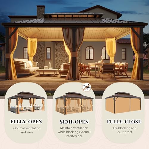 YOLENY 10' x 12' Hardtop Gazebo, Metal Gazebo with Aluminum Frame, Double Galvanized Steel Roof, Curtains and Netting Included