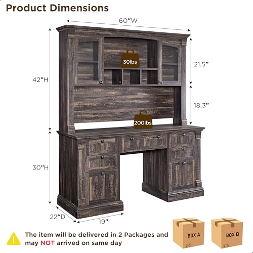 OKD 60" Executive Desk with Drawers, Farmhouse Home Office Desk with Charging Station, Keyboard Tray, File Cabinet Storage