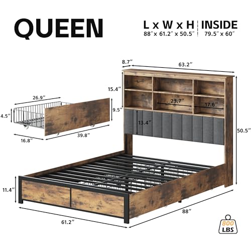 HISOFT Queen Bed Frame with Storage Headboard, Wood Bed with High Storage Bookcase, 4 Drawers & LED & Charging Station