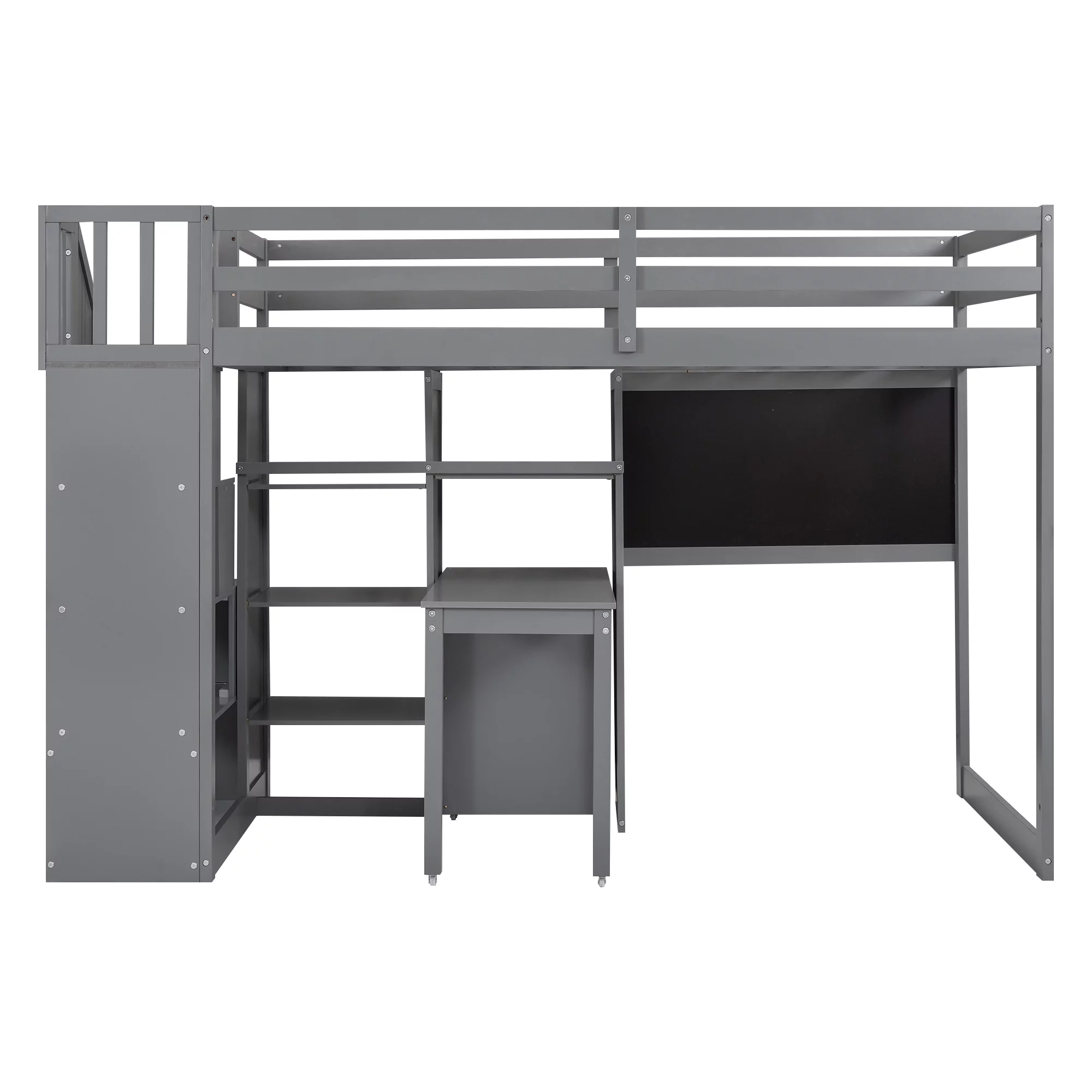 Churanty Twin Size Loft Bed with Pullable Desk and Storage, Wood Loft Bed with Staircase and Blackboard for Kids Teens Adults,Grey