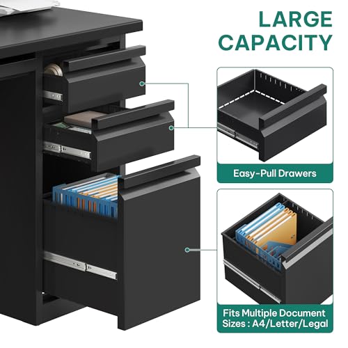YITAHOME Office Desk with 5 Drawers, Executive Desk with Power Outlets, 57 Inch Computer Desk with File Cabinet, Keyboard Tray
