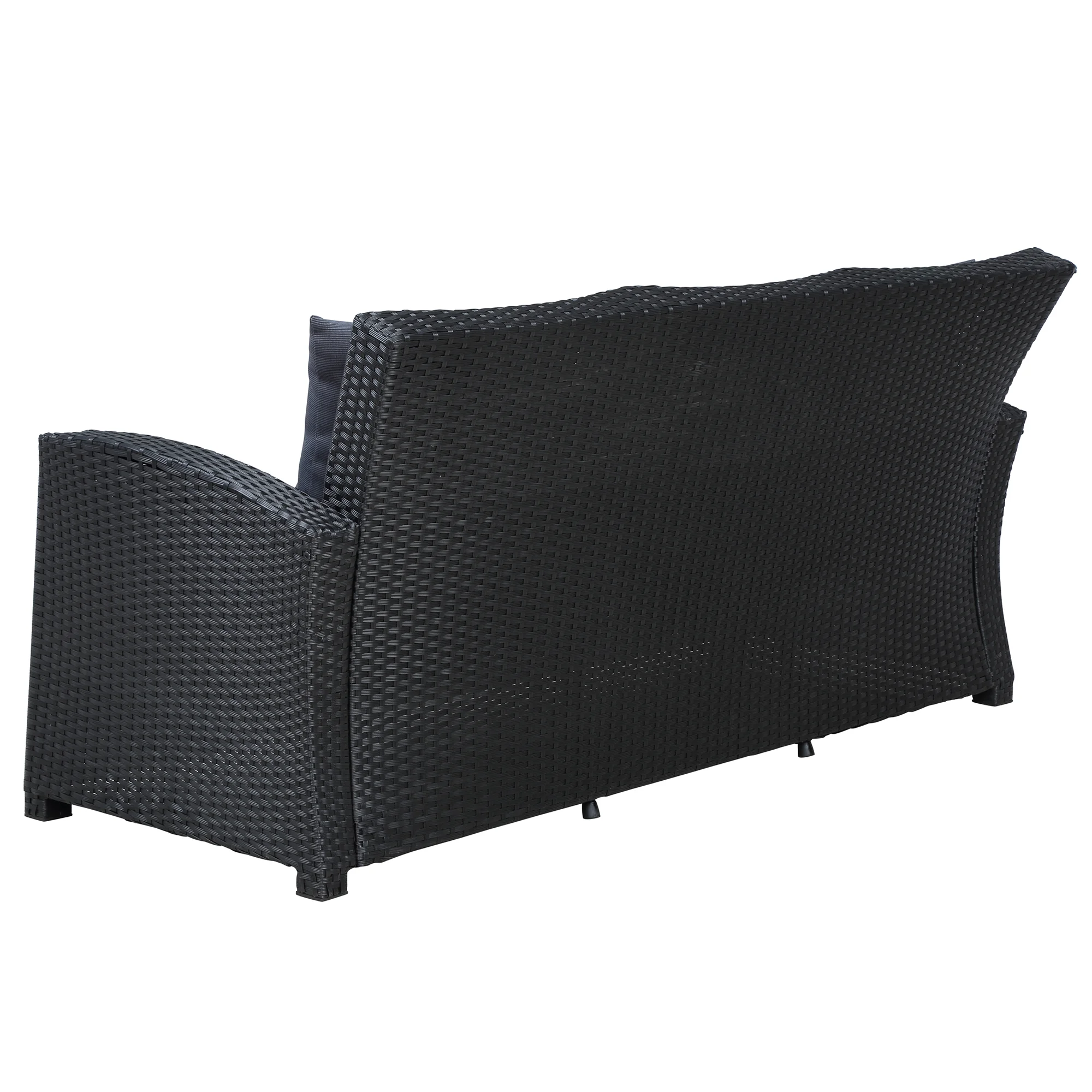 Outdoor 4-Piece Conversation Sofa Set, Patio Wicker Rattan Sectional Furniture Dining Sets with Wood Table Armchairs and Dark Gray Cushions