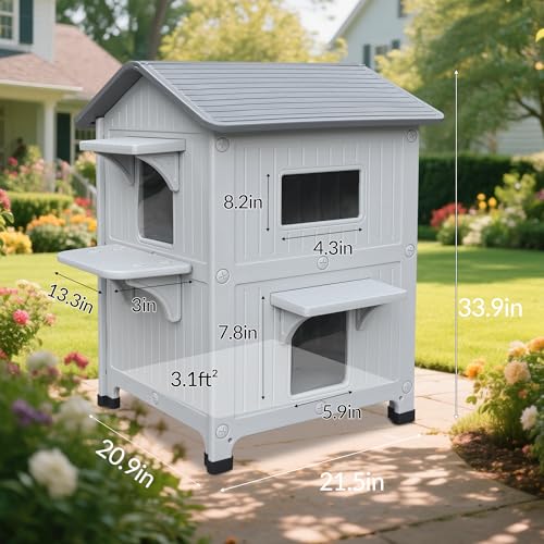 Plastic Outdoor Cat House with Mat Weatherproof for Feral Cat, 2 Story Insulated Elevated Cat Shelter with Escape Door, Easy Assemble