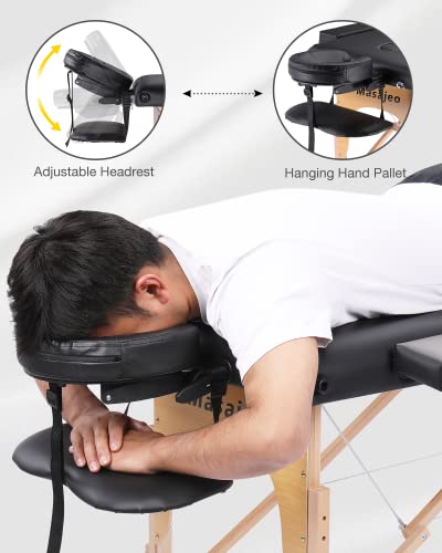 Portable Massage Table Massage Bed Professional SPA Reiki Eyelash Salon Bed, Wooden Frame Height Adjustment & Accessories, Black (3-Section)