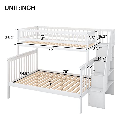 Harper & Bright Designs Bunk Beds Twin Over Full Size, Bunk Bed with Trundle,Storage Shelf and Stairway