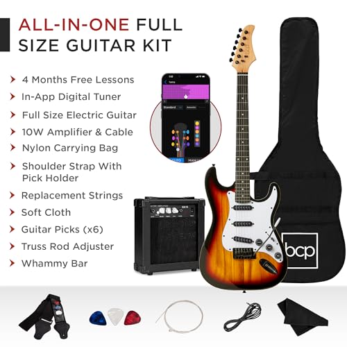 Best Choice Products 39in Full Size Beginner Electric Guitar Starter Kit w/Case, Strap, 10W Amp, Strings, Pick, Tremolo Bar - Sunburst