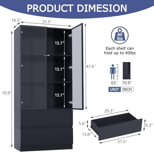 Glass Display Cabinet, Display Case Cabinet with LED Lights, Display Cabinet with Glass Door, Curio Cabinet with 3-Tier Shelves and 2 Drawers