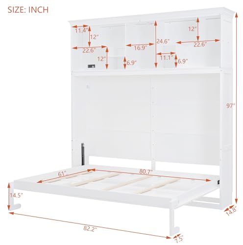 Ball & Cast Queen Size Murphy Bed Hideaway Wall Chest with Top Shelves & USB,Storage Cabinet Bed Frame w/Slat Support