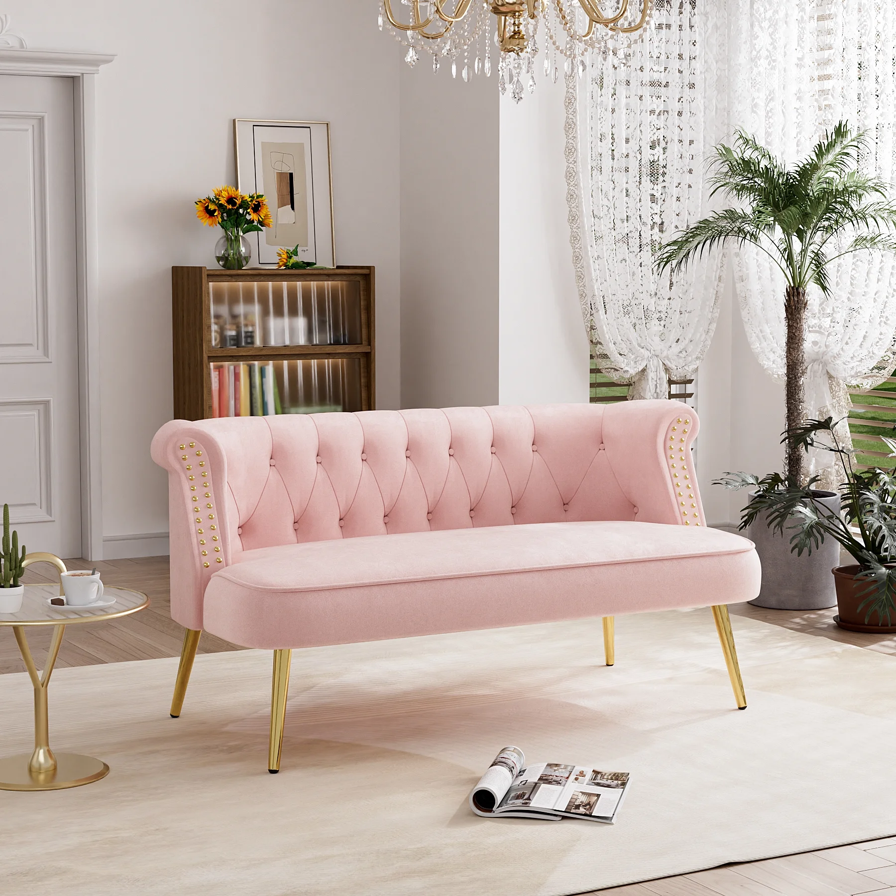 Modern Loveseat Settee Bench Sofa with Nailhead Trim and Golden Legs