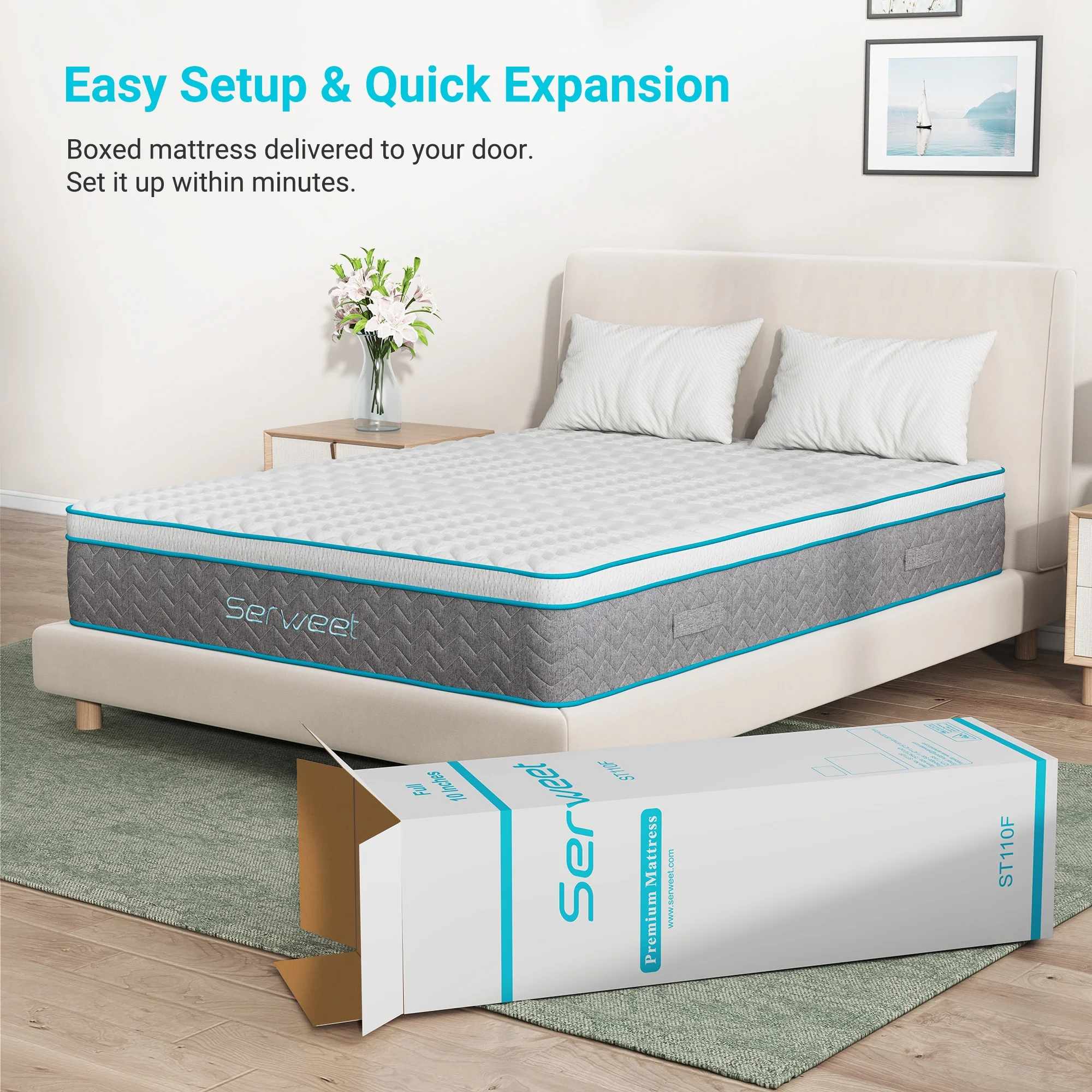 Full Size Mattress, Serweet 10 inch Bamboo Charcoal Memory Foam Hybrid Mattress Full, 7-Zone Pocket Innerspring and Pillow Top Double Mattress