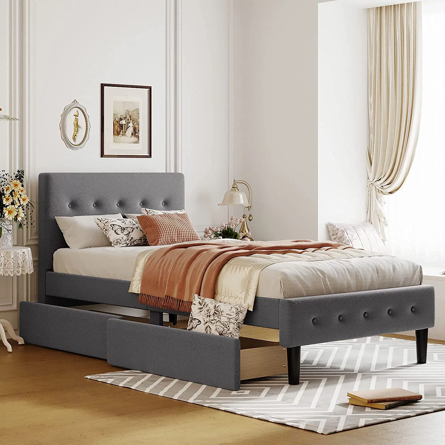 Tabaray Twin Bed Frames, Bed Frame Twin Storage Bed Upholstered Twin Size Bed Frames with Headboard and Storage Underneath, Wooden Slats Support