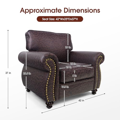 Mid-Century Vintage Sofa Couches with Rivet Design,3-Seater Sofa,Removable Sofa Cover Upholstered Cushions and Solid Wood Frame (Brown, 3-Seater)