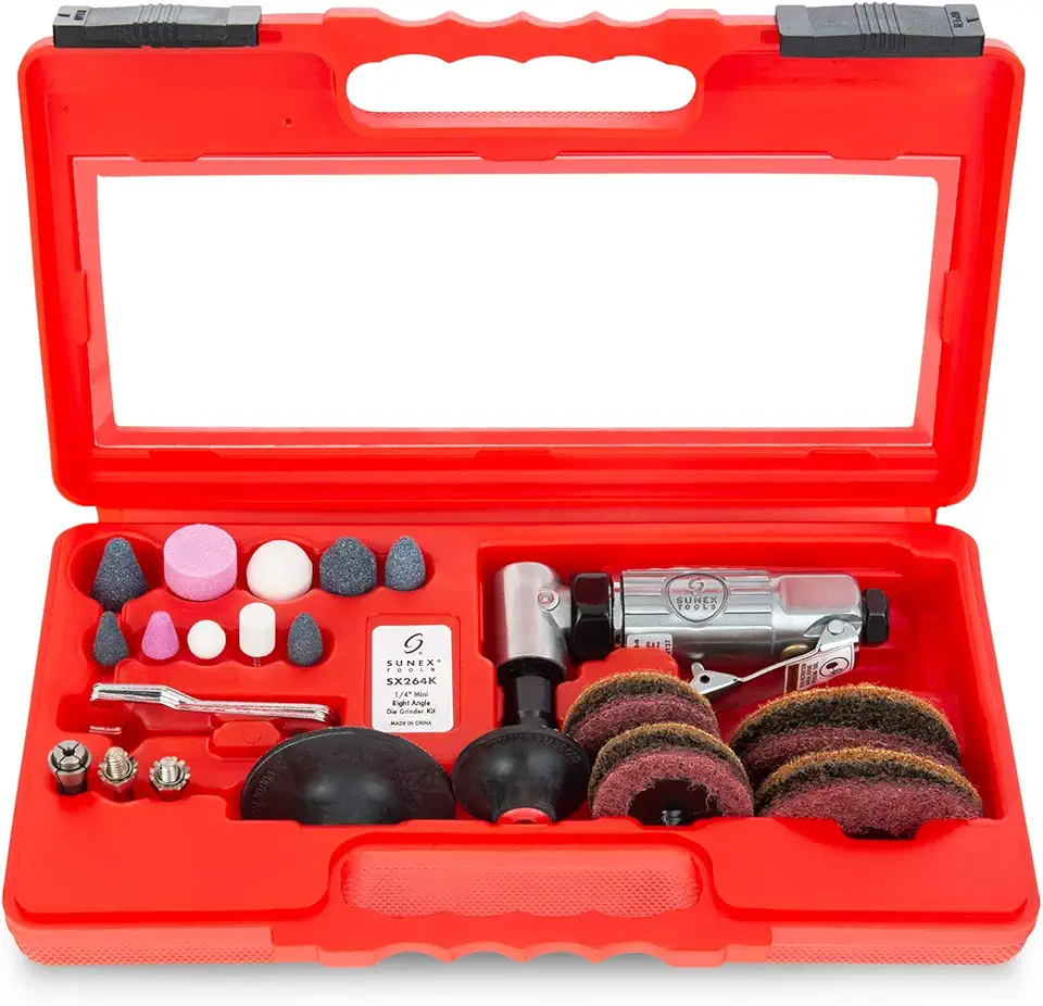 Sponsored Ad - SUNEX TOOLS SX264K, 1/4 Inch Drive Mini Right Angle Air Die Grinder Kit with Speed Regulator, Safety Throttle
