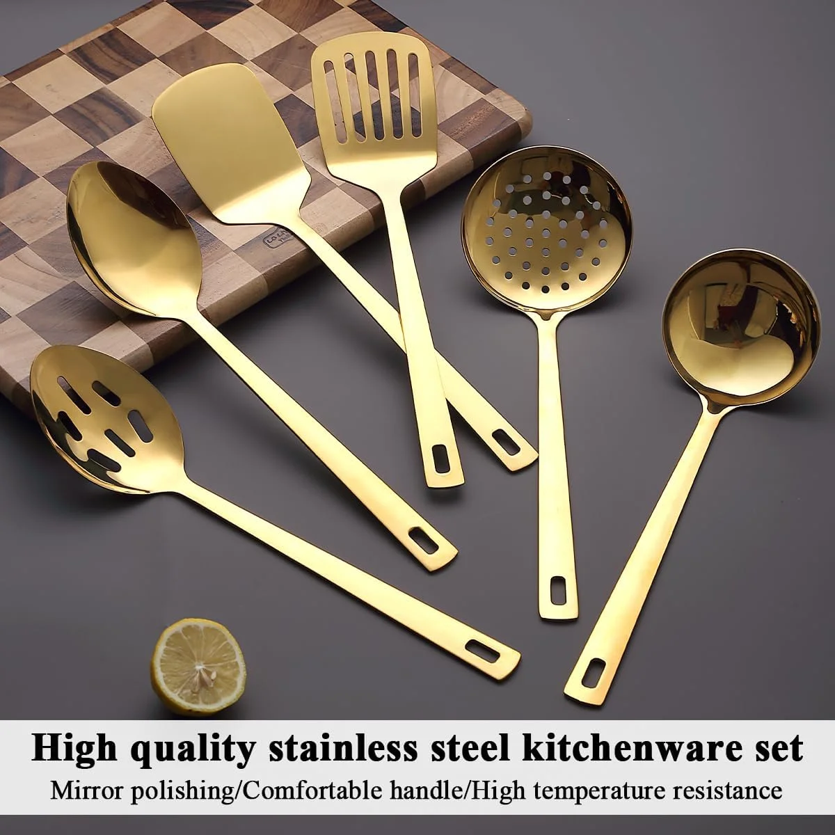 Gold Kitchen Utensils Set 6pcs, Titanium Plating Stainless Steel Cooking Utensils Set, Heavy Duty Kitchen Tools Spatulas Set
