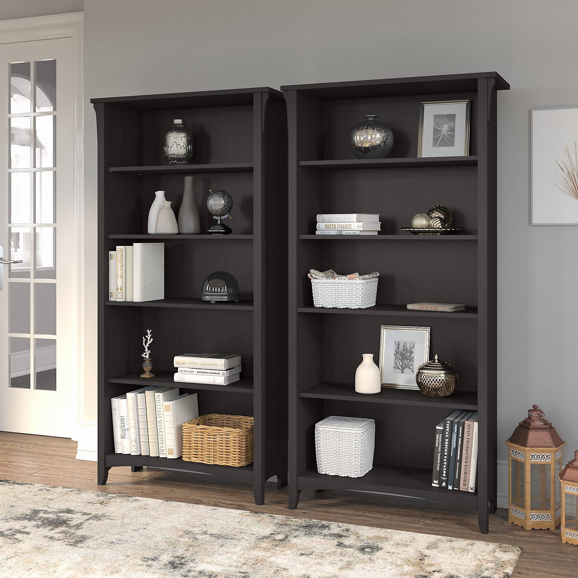 Bush Furniture Salinas Tall 5 Shelf Bookcase, Set of 2, Vintage Black