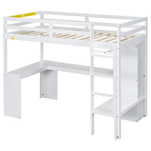 SOFTSEA Full Size Loft Bed with Desk & Wardrobe, Wood Loft Bunk Bed with Storage Shelves and Cabinets