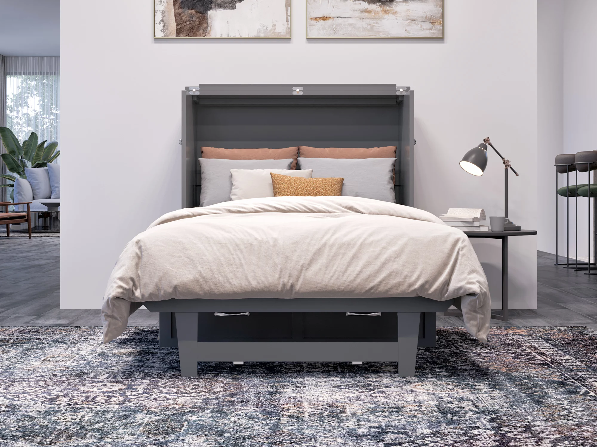 AFI Northfield Twin XL Solid Wood Murphy Bed Chest with Mattress, Drawer & Charger, Grey