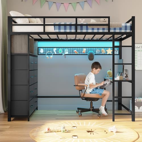 ADORNEVE Twin Size Loft Bed with Desk and 8 Storage Drawers, Metal Kids Loft Bed Twin with LED Lights & Charging Sation, Storage Shelves