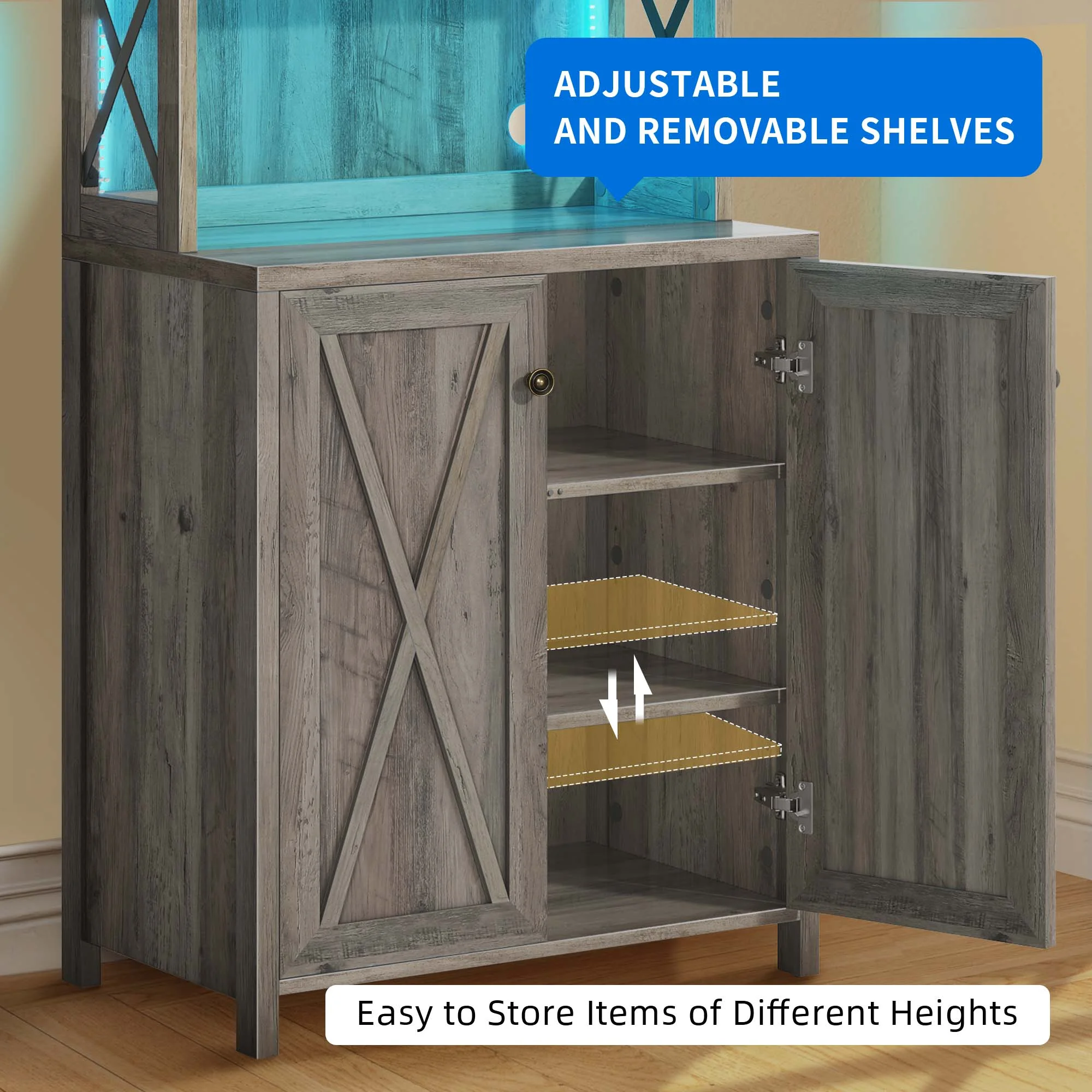Dextrus Farmhouse Bar Cabinet for Liquor and Glasses, 67"Freestanding Bar Cabinet with Led Light, Doors and Shelves, Kitchen Microwave Storage