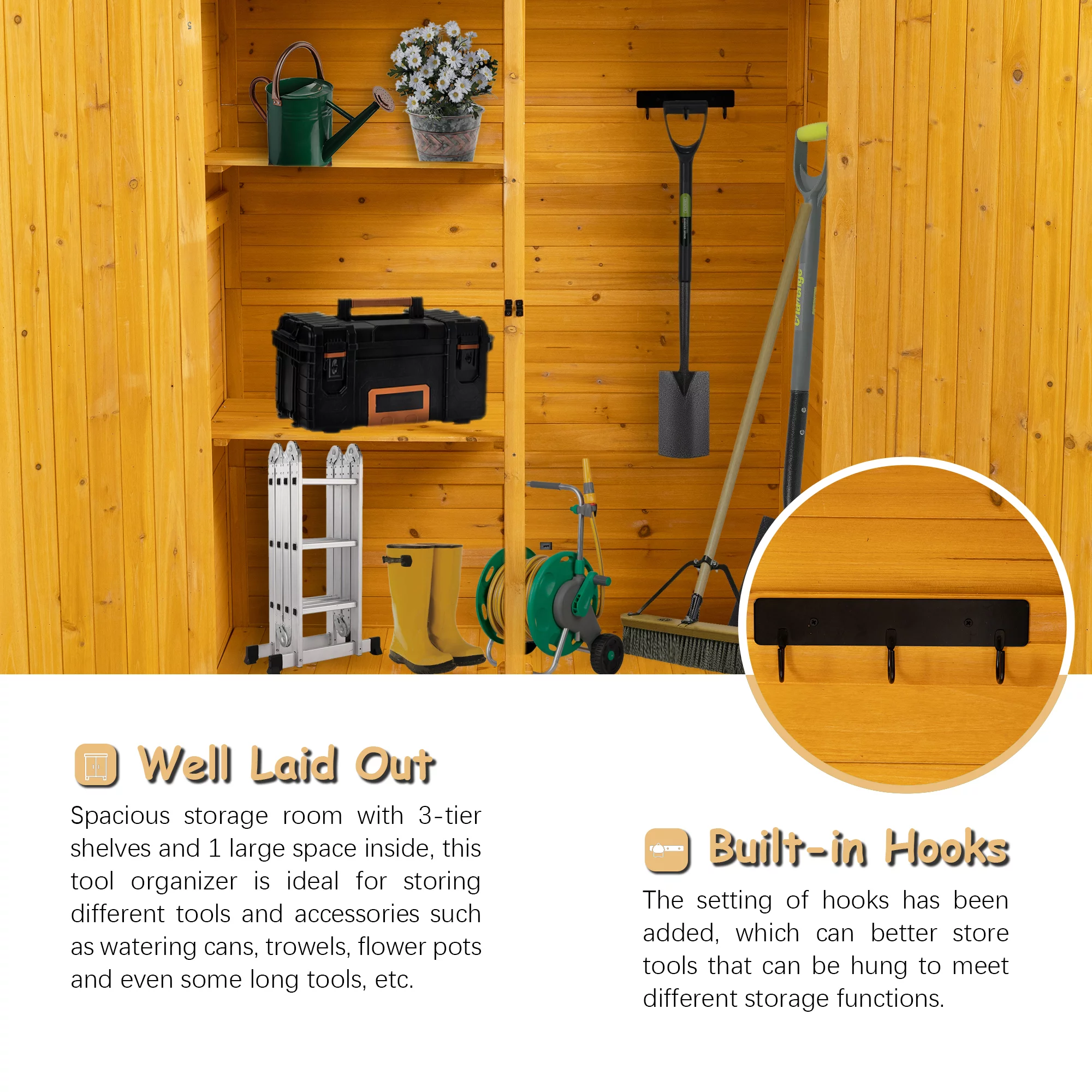 CASEMIOL Patio Storage Shed with Detachable Shelves and Hooks, Outdoor Wood Shed with Waterproof Pitch Roof, Backyard Shed with Lockable Door