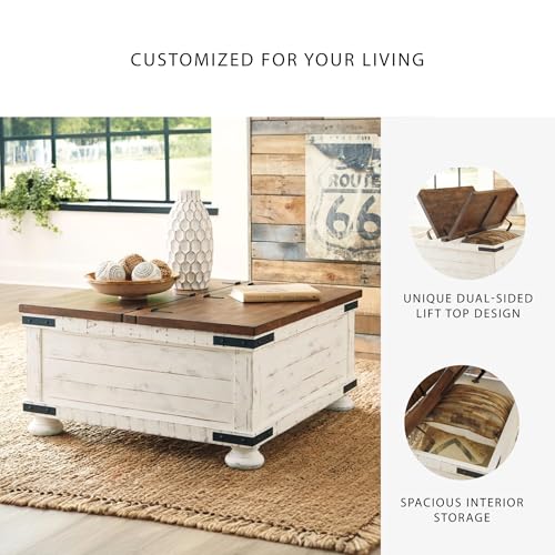Signature Design by Ashley Valebeck Farmhouse Lift Top Coffee Table with Storage, Distressed Brown & Black Finish