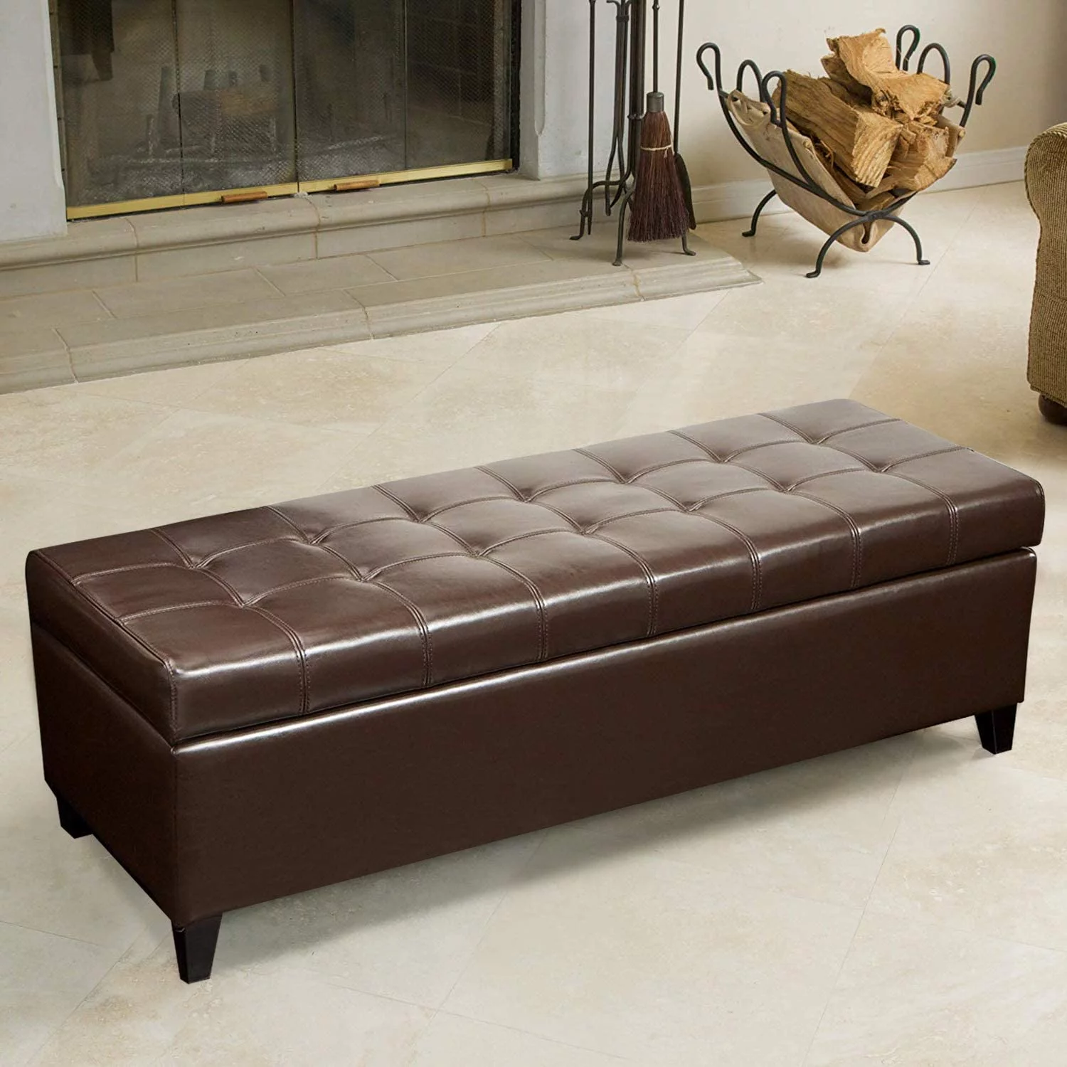 Rectangular Tufted Storage Ottoman Bench Bonded Leather Coffee Table Footstool For Bedroom Living Room (Brown)