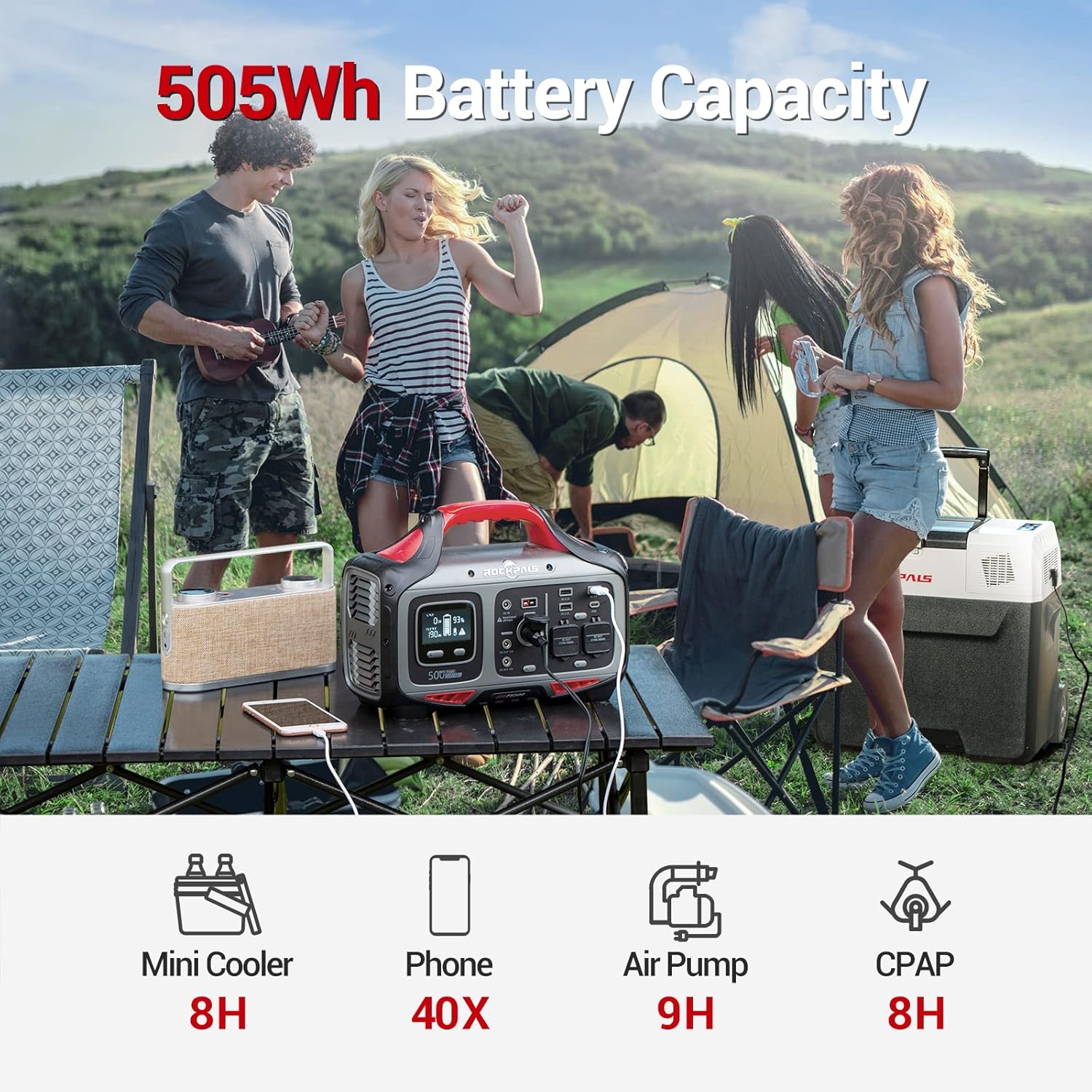 ROCKPALS Portable Power Station 500W - 505Wh Solar Generator with 2 Pure Sine Wave AC Outlet, Peak 750W - Solar Powered Generator