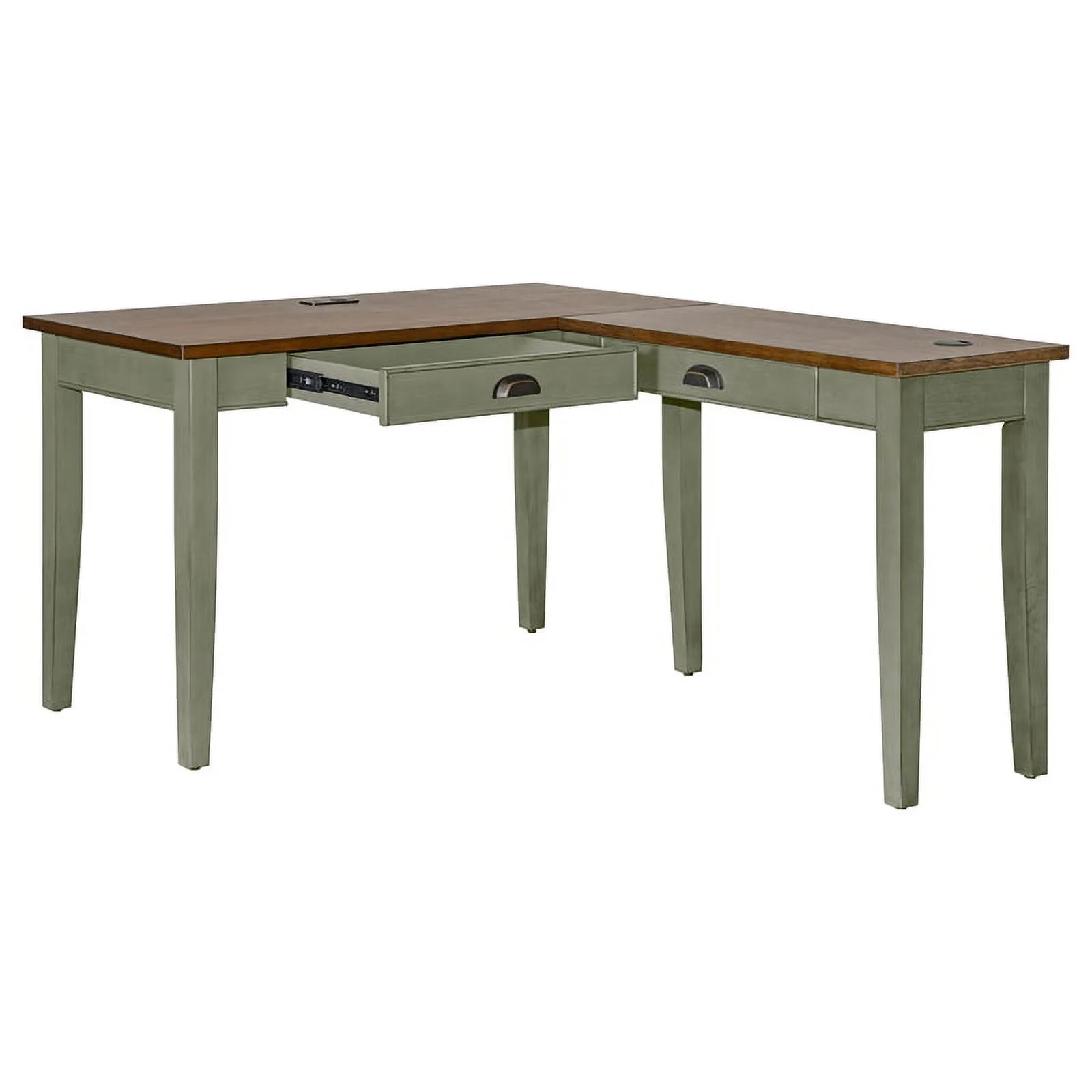 Bowery Hill Open L-shaped Wood Writing Desk & Return in Sage Green/Natural